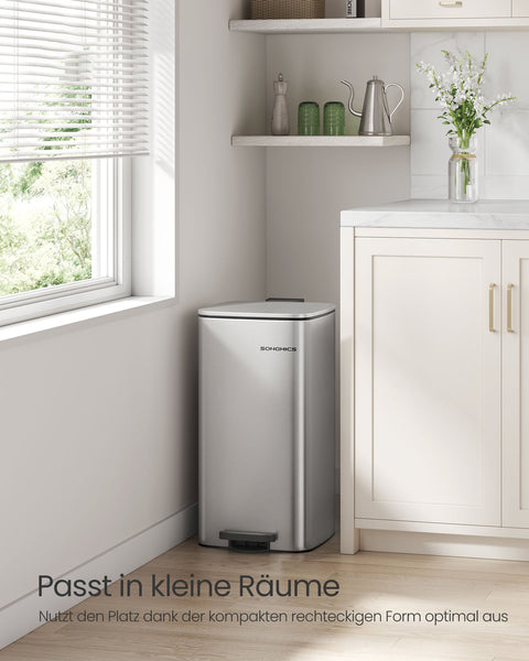 Rootz 30 Liter Trash Can - Garbage Bin - Waste Bin - Metallic Silver Steel - 30cm x 30cm x 45cm