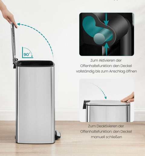 Rootz 30 Liter Trash Can - Garbage Bin - Waste Bin - Metallic Silver Steel - 30cm x 30cm x 45cm