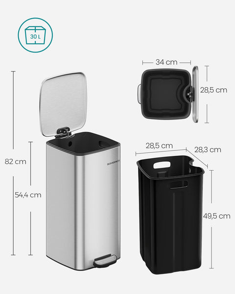 Rootz 30 Liter Trash Can - Garbage Bin - Waste Bin - Metallic Silver Steel - 30cm x 30cm x 45cm