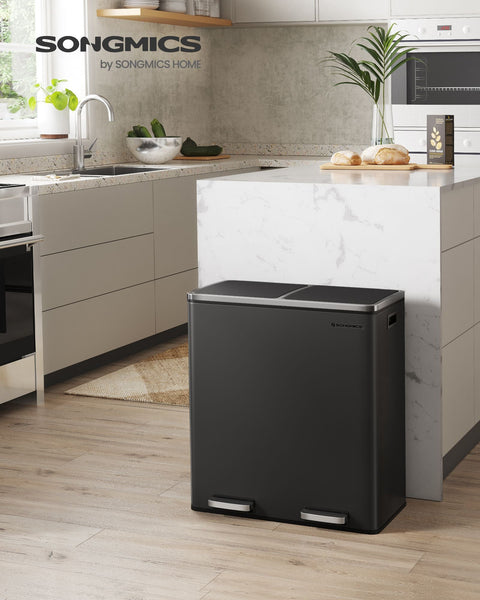 Rootz Dual Compartment Pedal Bin - Recycling Bin - Trash Can - Residual Waste - Organic Waste - Hygienic - Puppy and Child Safe - Powder-coated Steel - 58.6cm x 32cm x 65cm