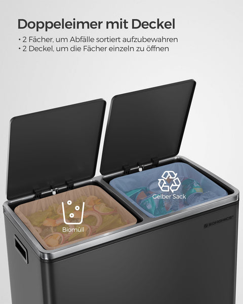 Rootz Dual Compartment Pedal Bin - Recycling Bin - Trash Can - Residual Waste - Organic Waste - Hygienic - Puppy and Child Safe - Powder-coated Steel - 58.6cm x 32cm x 65cm