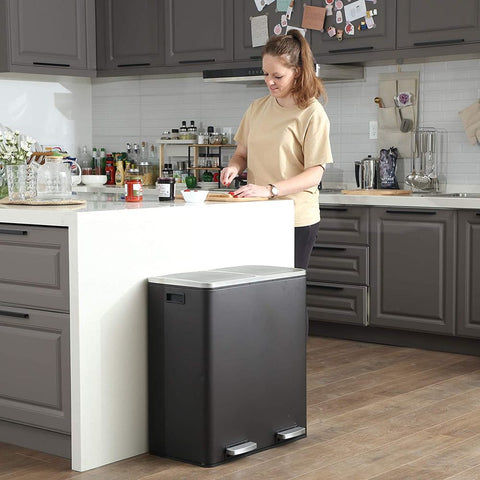 Rootz Trash Can - Trash Bin - Pedal Bin With 2 Compartments - Waste Separation System - With Foot Pedal - 2 Inner Bins - Kitchen Trash Can - Steel - Plastic - Black - 58.6 x 32 x 65 cm (L x W x H）