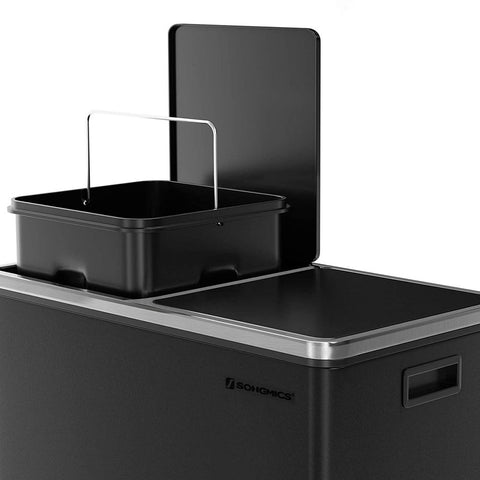 Rootz Trash Can - Trash Bin - Pedal Bin With 2 Compartments - Waste Separation System - With Foot Pedal - 2 Inner Bins - Kitchen Trash Can - Steel - Plastic - Black - 58.6 x 32 x 65 cm (L x W x H）