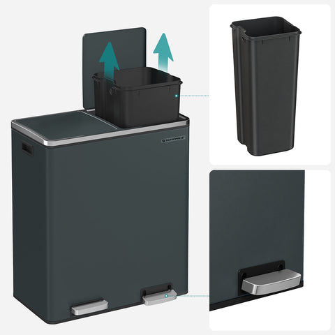 Rootz Dual Compartment Pedal Bin - Recycling Bin - Trash Can - Puppy and Child Safe - Hygienic - Smoke Gray - Powder-Coated Steel - 58.6cm x 32cm x 65cm