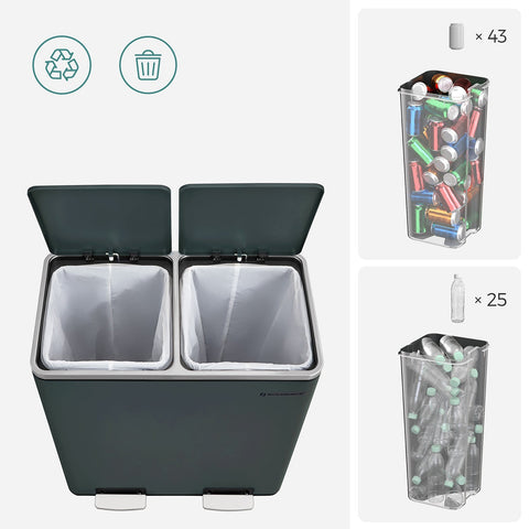 Rootz Dual Compartment Pedal Bin - Recycling Bin - Trash Can - Puppy and Child Safe - Hygienic - Smoke Gray - Powder-Coated Steel - 58.6cm x 32cm x 65cm