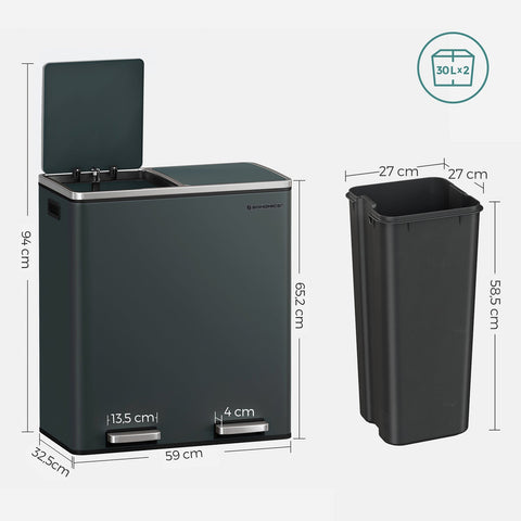 Rootz Dual Compartment Pedal Bin - Recycling Bin - Trash Can - Puppy and Child Safe - Hygienic - Smoke Gray - Powder-Coated Steel - 58.6cm x 32cm x 65cm