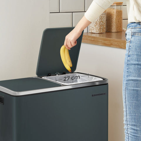 Rootz Dual Compartment Pedal Bin - Recycling Bin - Trash Can - Puppy and Child Safe - Hygienic - Smoke Gray - Powder-Coated Steel - 58.6cm x 32cm x 65cm