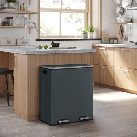 Rootz Dual Compartment Pedal Bin - Recycling Bin - Trash Can - Puppy and Child Safe - Hygienic - Smoke Gray - Powder-Coated Steel - 58.6cm x 32cm x 65cm