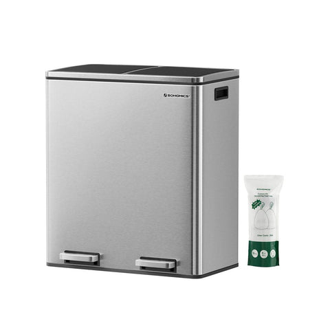 Rootz Trash Can - Soft Close Function - Ideal Waste Container - Bathroom Trash - Perfect Design - High-quality - Inner Bucket - 60 liters - Stainless Steel - Silver-Black - 58.6 x 32 x 65 cm