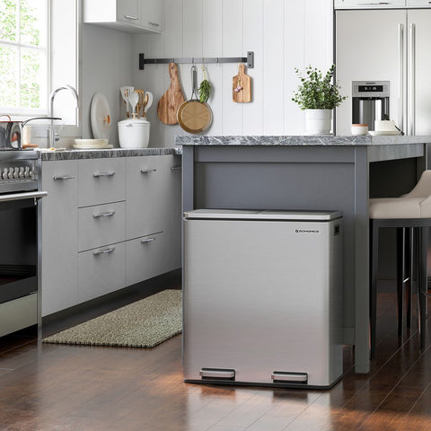 Rootz Trash Can - Soft Close Function - Ideal Waste Container - Bathroom Trash - Perfect Design - High-quality - Inner Bucket - 60 liters - Stainless Steel - Silver-Black - 58.6 x 32 x 65 cm