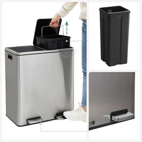 Rootz Trash Can - Soft Close Function - Ideal Waste Container - Bathroom Trash - Perfect Design - High-quality - Inner Bucket - 60 liters - Stainless Steel - Silver-Black - 58.6 x 32 x 65 cm