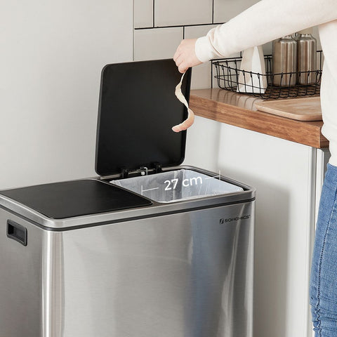 Rootz Trash Can - Soft Close Function - Ideal Waste Container - Bathroom Trash - Perfect Design - High-quality - Inner Bucket - 60 liters - Stainless Steel - Silver-Black - 58.6 x 32 x 65 cm