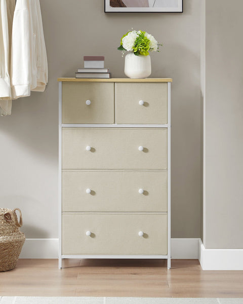 Rootz Storage Cabinet - Chipboard Steel Fabric Drawer Front - Camel Yellow Cream White - Large 30 x 56 x 93 cm - Lightweight - Spacious - Easy Assembly