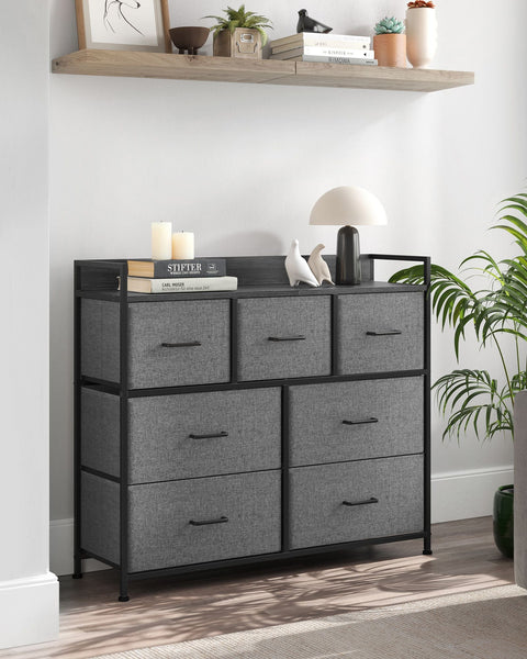 Rootz 3 Drawer Chest of Drawers - Storage Cabinet - Gray Black Wood Grain - Chipboard Steel Non-Woven Fabric - Large Drawers - 28.5cm x 98cm x 85cm - 12.8kg Weight - 36kg Total Capacity
