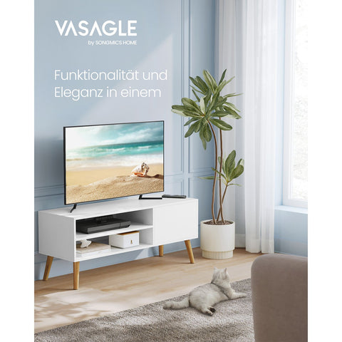 Rootz TV Stand - Entertainment Center - Media Console - Chipboard - Rubber Wood - White - 40cm x 120cm x 49cm - 19.7kg - 55kg Max Load Capacity - 15kg Per Shelf - Easy Assembly