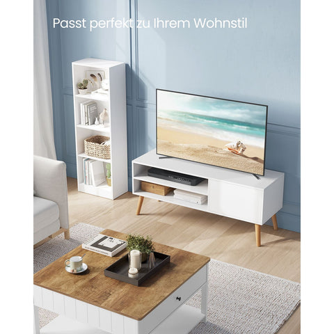 Rootz TV Stand - Entertainment Center - Media Console - Chipboard - Rubber Wood - White - 40cm x 120cm x 49cm - 19.7kg - 55kg Max Load Capacity - 15kg Per Shelf - Easy Assembly