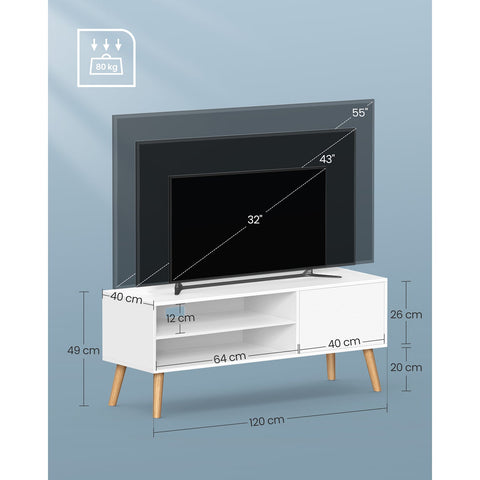 Rootz TV Stand - Entertainment Center - Media Console - Chipboard - Rubber Wood - White - 40cm x 120cm x 49cm - 19.7kg - 55kg Max Load Capacity - 15kg Per Shelf - Easy Assembly