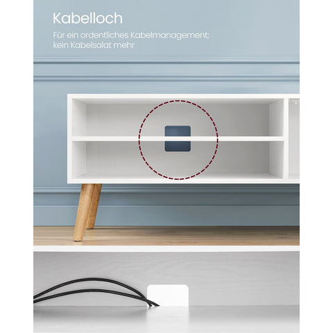 Rootz TV Stand - Entertainment Center - Media Console - Chipboard - Rubber Wood - White - 40cm x 120cm x 49cm - 19.7kg - 55kg Max Load Capacity - 15kg Per Shelf - Easy Assembly
