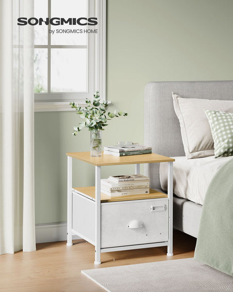 Rootz Bedside Table - Nightstand - End Table - MDF and Metal Construction - Oxford Fabric Drawer - Spacious Storage - Easy Assembly - 41cm x 41cm x 47cm