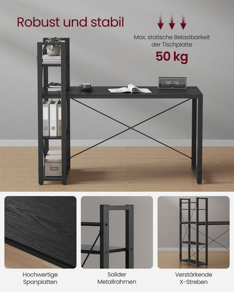 Rootz Ebony Black Desk - Study Table - Writing Desk - Chipboard and Steel - Large Surface - Easy Assembly - Sturdy Construction - 56cm x 137cm x 120cm