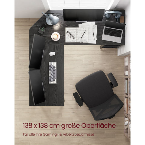 Rootz Computer Desk - Office Desk - Study Table - Chipboard and Steel - Black with Wood Grain - 138cm x 138cm x 76cm - Spacious Work Surface - Sturdy Construction - Easy Assembly