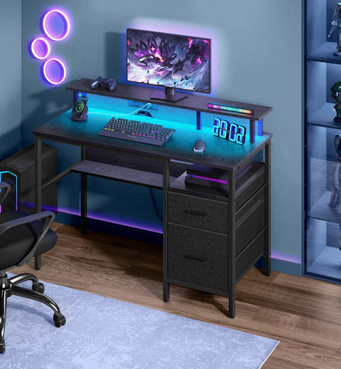 Rootz Ebony Black Desk with Drawers - Office Workstation - Storage Furniture - Built-in Sockets - 94.5cm x 65cm x 14.5cm