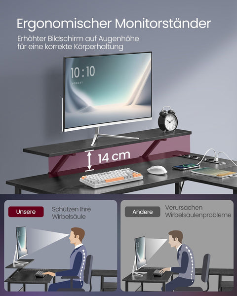 Rootz L-Shaped Desk - Workstation - Corner Desk - Ebony Black - Built-in Sockets - 120cm x 140cm x 75cm