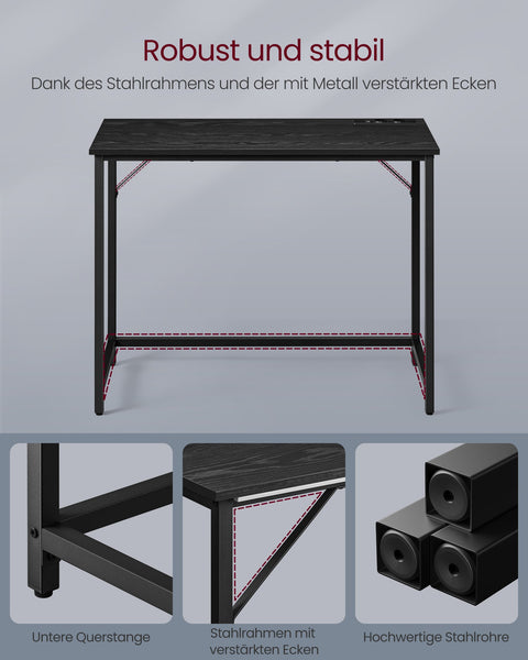 Rootz Ebony Black-Ink Black Desk - Writing Table - Study Desk - Chipboard and Steel Construction - Large Size - Easy Assembly - 50cm x 100cm x 76cm