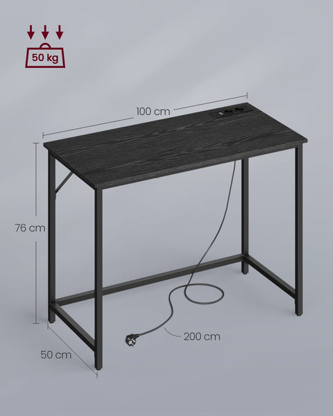 Rootz Ebony Black-Ink Black Desk - Writing Table - Study Desk - Chipboard and Steel Construction - Large Size - Easy Assembly - 50cm x 100cm x 76cm