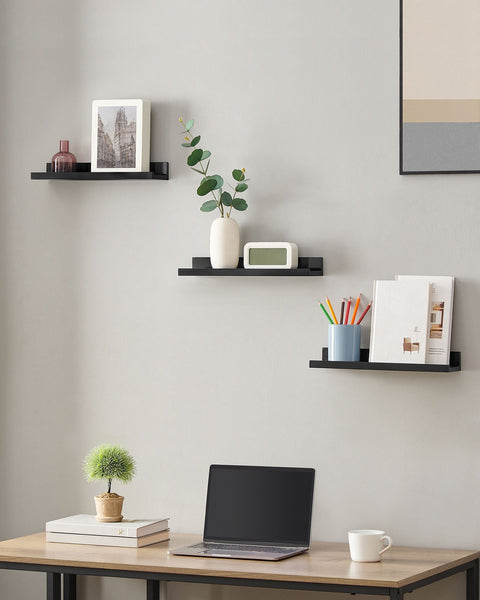 Rootz 3 Piece Set Wall Shelf - Floating Shelf - Chipboard Shelves - High Gloss Black - Lightweight - Easy Assembly - 10cm x 38cm x 5/2cm