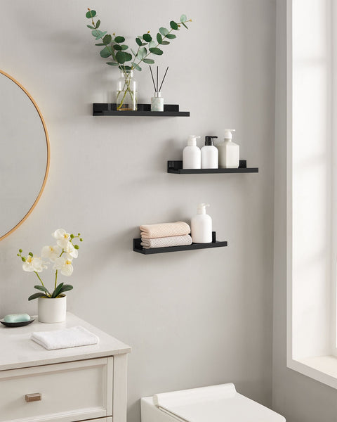 Rootz 3 Piece Set Wall Shelf - Floating Shelf - Chipboard Shelves - High Gloss Black - Lightweight - Easy Assembly - 10cm x 38cm x 5/2cm