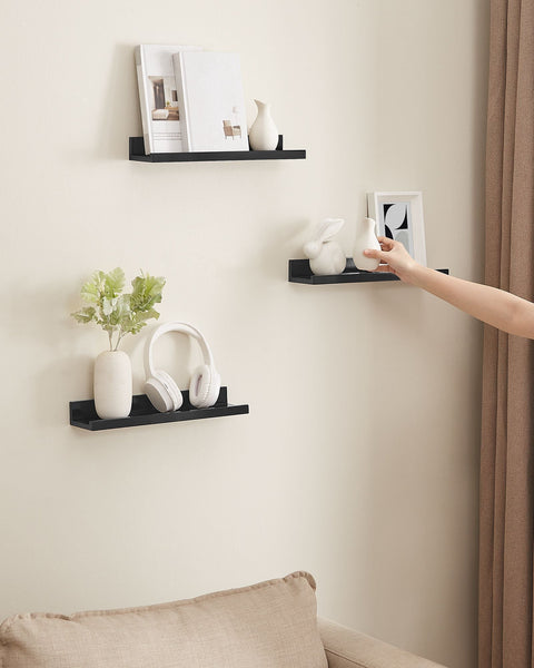 Rootz 3 Piece Set Wall Shelf - Floating Shelf - Chipboard Shelves - High Gloss Black - Lightweight - Easy Assembly - 10cm x 38cm x 5/2cm