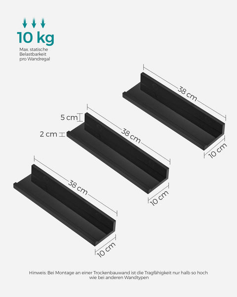 Rootz 3 Piece Set Wall Shelf - Floating Shelf - Chipboard Shelves - High Gloss Black - Lightweight - Easy Assembly - 10cm x 38cm x 5/2cm