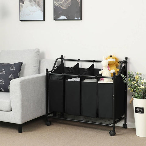 Rootz Laundry Basket On Wheels - 4 Pockets - Laundry Hamper - 4 Removable Fabric Bags - Rolling Laundry Hamper - 4-section Laundry Cart - 600D Polyester - Black - 44 x 10 x 33 cm (W x H x D)