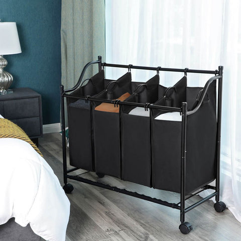 Rootz Laundry Basket On Wheels - 4 Pockets - Laundry Hamper - 4 Removable Fabric Bags - Rolling Laundry Hamper - 4-section Laundry Cart - 600D Polyester - Black - 44 x 10 x 33 cm (W x H x D)