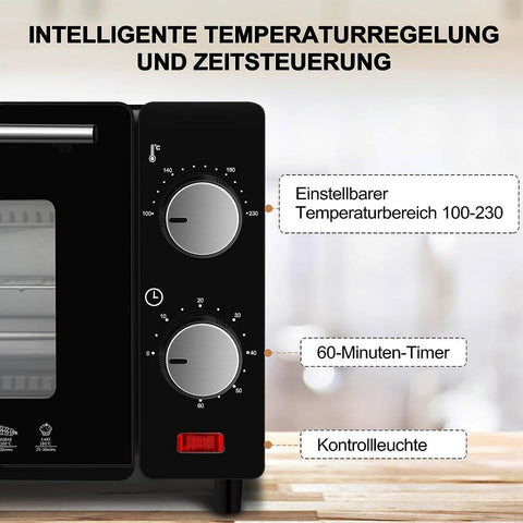 Rootz Mini Oven - Tabletop Cooker - 10L Compact Oven - Energy Efficient - Baking, Toasting, Roasting - 36.5cm x 22.1cm x 28.5cm