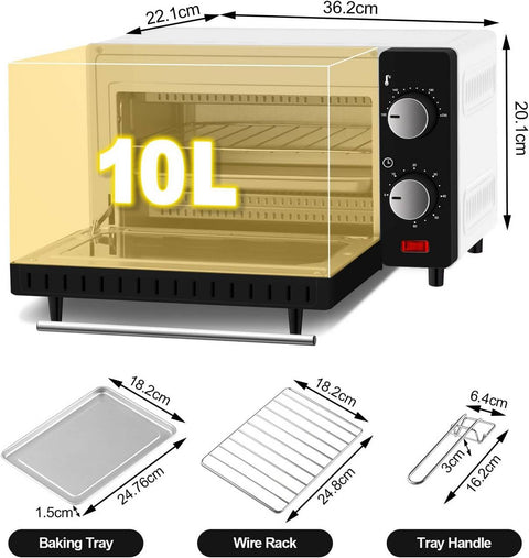Rootz Mini Oven - Tabletop Cooker - 10L Compact Oven - Energy Efficient - Baking, Toasting, Roasting - 36.5cm x 22.1cm x 28.5cm