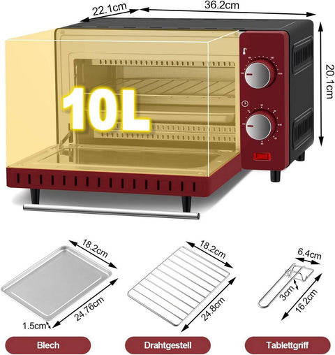 Rootz Pink Mini Oven - Compact Table Oven - Small Baking Toaster - 10L Capacity - 36.5x22.1x28.5 cm - 650W - Double Glazed Door