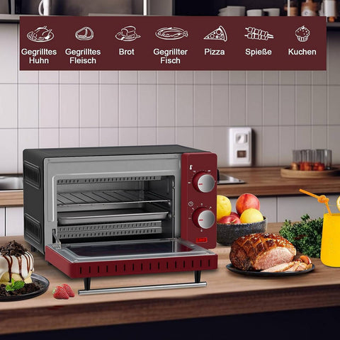 Rootz Pink Mini Oven - Compact Table Oven - Small Baking Toaster - 10L Capacity - 36.5x22.1x28.5 cm - 650W - Double Glazed Door