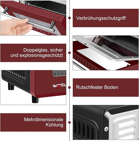 Rootz Pink Mini Oven - Compact Table Oven - Small Baking Toaster - 10L Capacity - 36.5x22.1x28.5 cm - 650W - Double Glazed Door