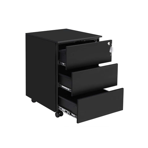 Rootz 3 Drawer Filing Cabinet - Rolling Container - Office Organizer - Steel Construction - Secure Lock - Matte Black - 45cm x 39cm x 55cm