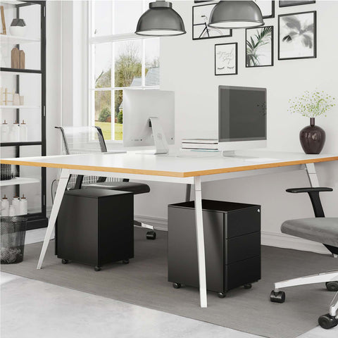 Rootz 3 Drawer Filing Cabinet - Rolling Container - Office Organizer - Steel Construction - Secure Lock - Matte Black - 45cm x 39cm x 55cm