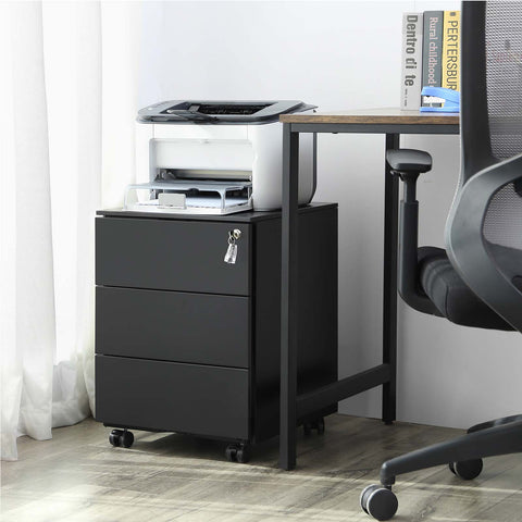 Rootz 3 Drawer Filing Cabinet - Rolling Container - Office Organizer - Steel Construction - Secure Lock - Matte Black - 45cm x 39cm x 55cm