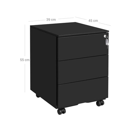 Rootz 3 Drawer Filing Cabinet - Rolling Container - Office Organizer - Steel Construction - Secure Lock - Matte Black - 45cm x 39cm x 55cm
