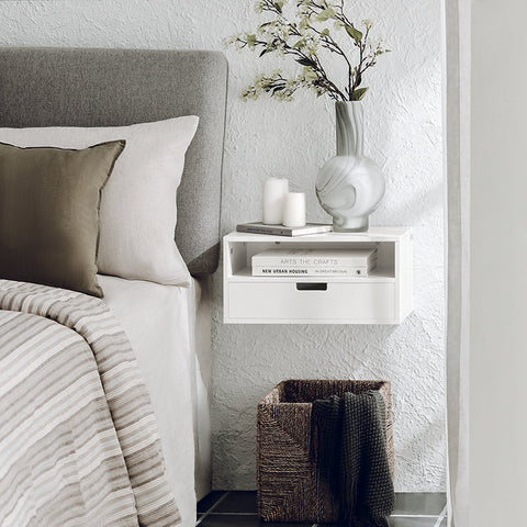 Rootz Floating Bedside Table - Night Shelf - Wall-Mounted Storage - Compact Design - Integrated Drawer Stoppers - Easy Assembly - 45cm x 22cm x 25cm