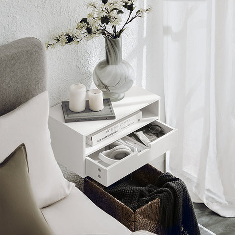 Rootz Floating Bedside Table - Night Shelf - Wall-Mounted Storage - Compact Design - Integrated Drawer Stoppers - Easy Assembly - 45cm x 22cm x 25cm
