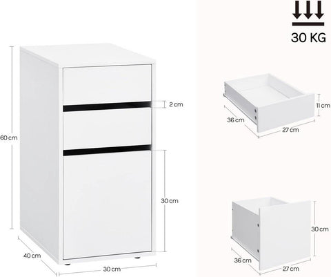 Rootz Bedside Table with Drawers - Nightstand - Bedside Cabinet - Efficient Space-Saving - Wood Material - 30cm x 60cm x 40cm