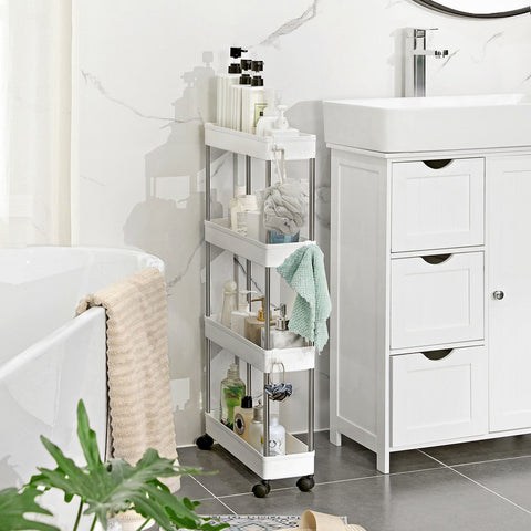 Rootz 4 Tier Serving Trolley - Storage Cart - Organizer Rack - PP Plastic Shelves - Iron Tubes - Compact Size - White - 40cm x 13.5cm x 86cm