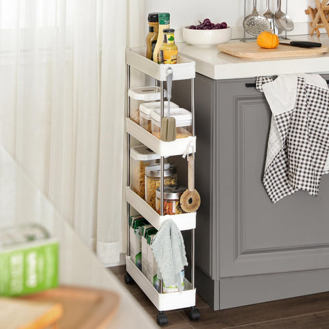 Rootz 4 Tier Serving Trolley - Storage Cart - Organizer Rack - PP Plastic Shelves - Iron Tubes - Compact Size - White - 40cm x 13.5cm x 86cm