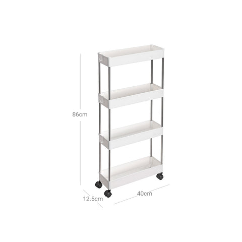 Rootz 4 Tier Serving Trolley - Storage Cart - Organizer Rack - PP Plastic Shelves - Iron Tubes - Compact Size - White - 40cm x 13.5cm x 86cm